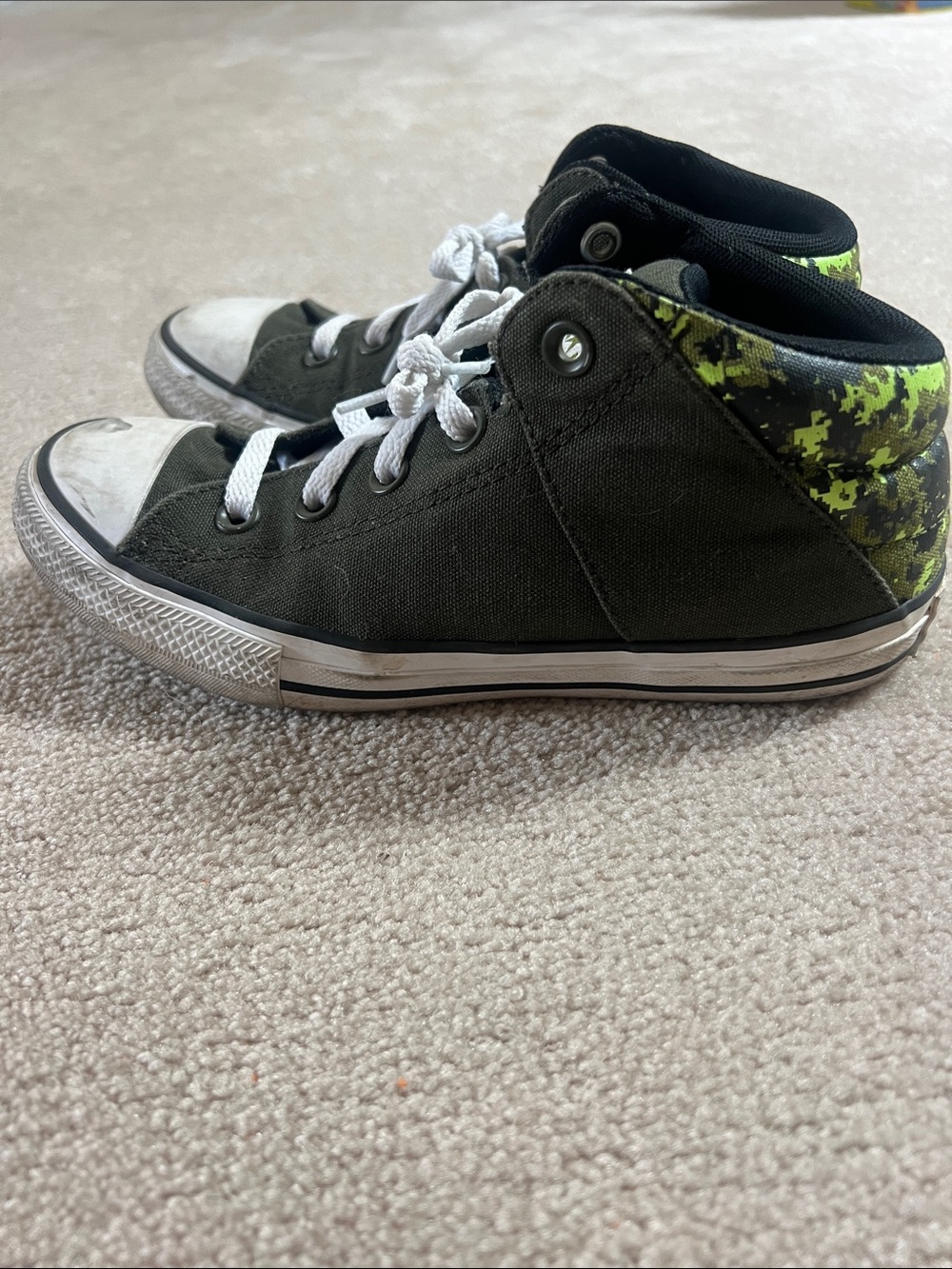 Converse Kids High-Top Sneakers in Olive with Neon Green Camo Detail